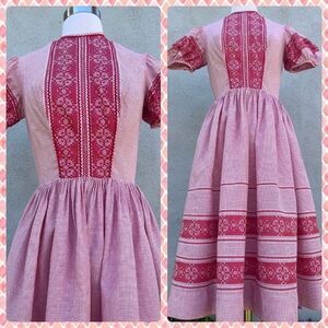 Vintage 50s Miss Trude Jr of California Dutch Style Checkered Red Dress Sz 4